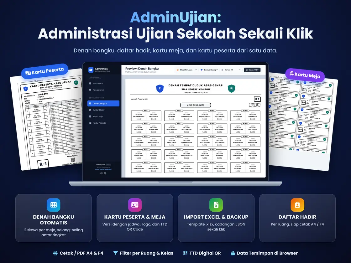 AdminUjian: Aplikasi Administrasi Ujian Sekolah (Denah Bangku, Daftar Hadir, Kartu Meja & Kartu Peserta)