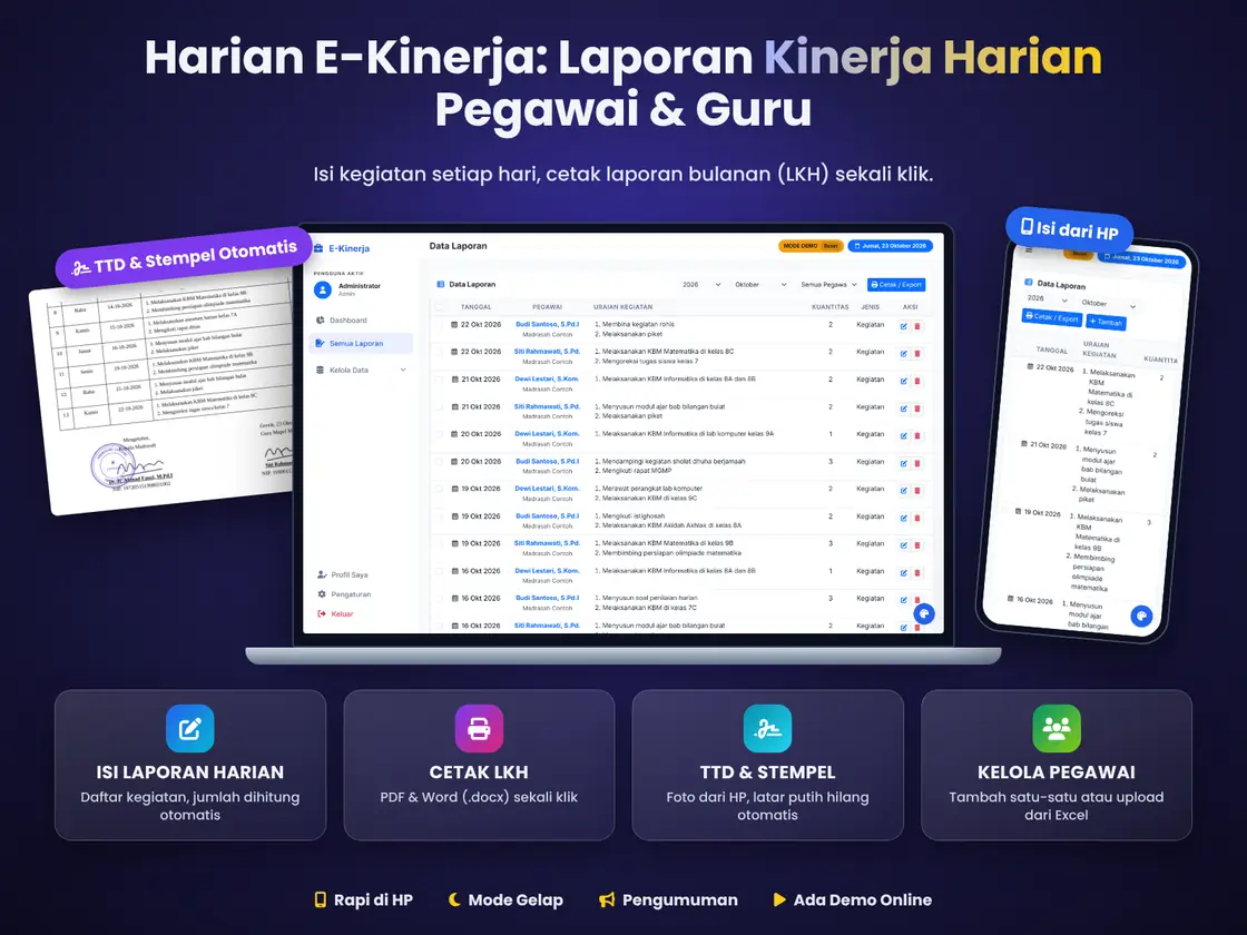 Harian E-Kinerja: Aplikasi Laporan Kinerja Harian Pegawai & Guru (Ada Demo Gratis)