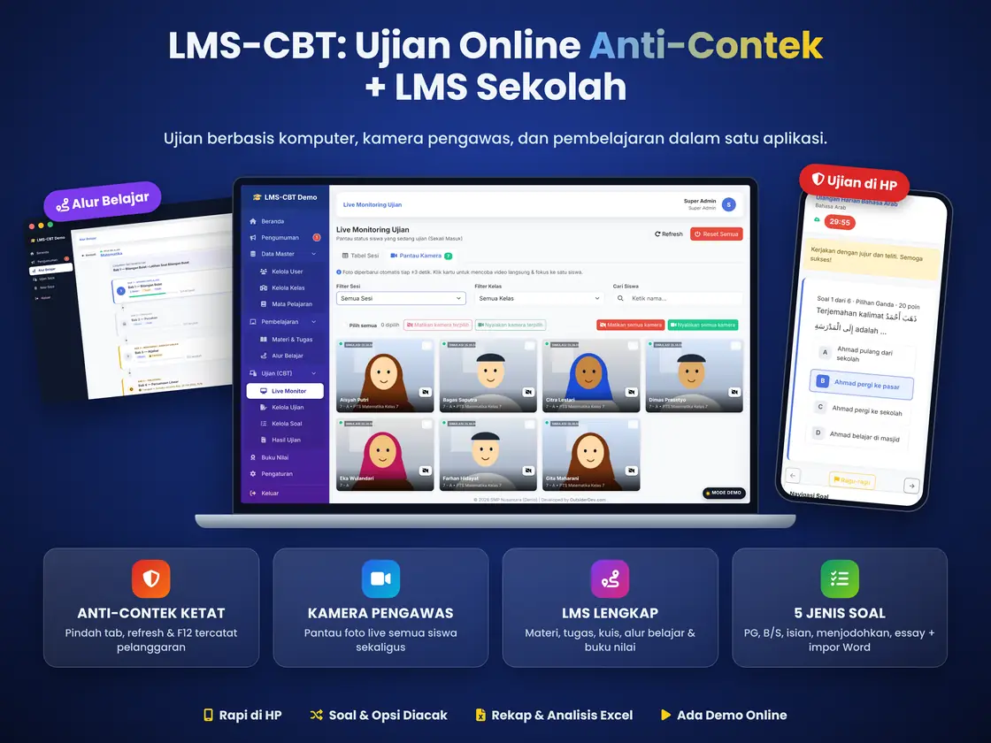 LMS-CBT: Aplikasi Ujian Online Anti-Contek + LMS Sekolah (Ada Demo Gratis)