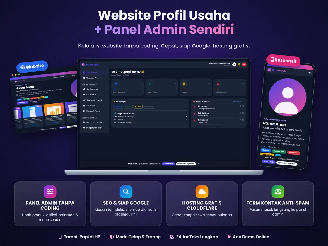 Website Profil Usaha + Panel Admin: Kelola Sendiri Tanpa Coding (Ada Demo Gratis)
